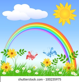Meadow flowers, rainbow, sun and blue sky