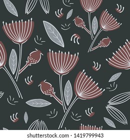 Meadow Flowers Red Grey Seamless Pattern