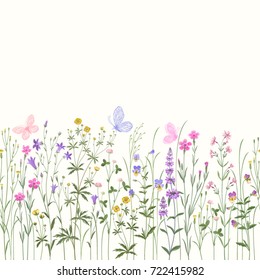 meadow flowers . seamless floral border with butterflies