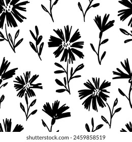 Meadow flowers seamless pattern. Black on white ink drawing floral design. Modern print for textile, fabric, wallpaper, wrapping, scrapbook and packaging