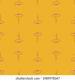 Meadow flowers seamless pattern with contoured chamomile print. Summer backdrop. Orange colors. Perfect for fabric design, textile print, wrapping, cover. Vector illustration.