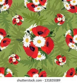 meadow flowers seamless pattern. Floral background. Poppy and chamomile