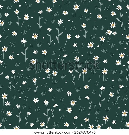 Meadow flowers seamless pattern. Grass with daisy or chamomile flowers. Summer fields background. Vector cartoon illustration