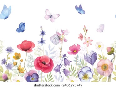 Meadow flowers seamless pattern watercolor illustration flower summer field flying butterfly herbal kitchen towel romantic bud wildflower kitchen towel tablecloth dress for girls crib bumpers, border