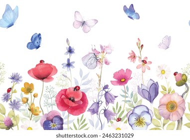 Meadow flowers seamless pattern,  watercolor illustration flower summer field butterfly ladybird bugs herbal kitchen towel romantic bud wildflower kitchen towel tablecloth dress for girls crib bumpers