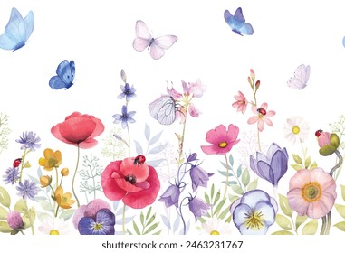 Patrón sin fisuras de flores de prado, ilustración de acuarela flor campo de verano mariposa mariposa mariquita insectos toalla de cocina de hierbas brote romántico silvestre toalla de cocina vestido de mantel para niñas parachoques de cuna