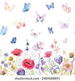 Meadow flowers seamless pattern,  watercolor illustration flower summer field butterfly ladybird bugs herbal kitchen towel romantic bud wildflower kitchen towel tablecloth dress for girls crib bumpers