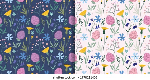 Meadow flowers seamless patterns set