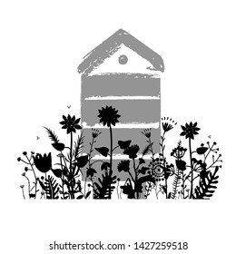 Meadow flowers silhouettes with beehive in summer. Apiary concept. Vector illustration. A lot of various field flowers and busy bees