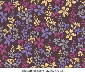 Meadow flowers spring primula blossom fabric print seamless vector design. Yellow purple violet primrose flowers textile pattern. Spring or summer fabric floral ornament. 