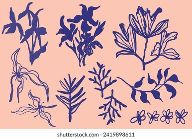 Meadow flowers, tree branches, algae water plants, corals isolated on white. Seaweeds polyps silhouettes set. Branches berries twigs flowers. Hand Drawn modern illustration