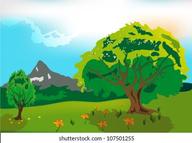 Meadow with flowers and trees in the background hills.