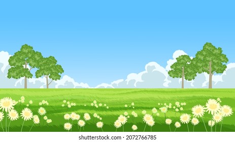 Meadow, flowers, and trees at sunny day with clouds