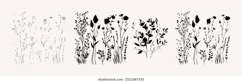 Ilustración de borde de Vector de flores de prado. Fondo de encabezado botánico. Delicado conjunto de estampados florales con flores abstractas, botánicos modernos. Arte de estética pastel suave, mínimo artístico