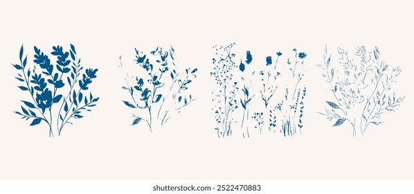 Wiesenblumen, Vektorrandgrafik. Botanischer Kopf-Hintergrund. Zarte Blumenmuster mit abstrakten Blumen, moderne Botanicals. Weiche pastellfarbene ästhetische Kunst, minimale künstlerische