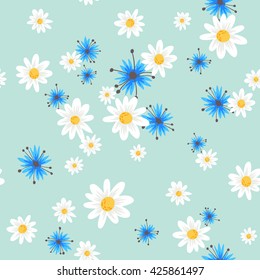 meadow flowers. vector floral seamless pattern with hand drawn chamomile and cornflowers