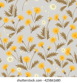 meadow flowers. vector floral seamless pattern with hand drawn dandelions