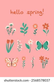 meadow flowers, vector illustration, flower, summer, spring, field, butterfly, grass, kitchen towel, romantic bud, wildflower, kitchen towel, tablecloth, girls dress, baby crib bumpers