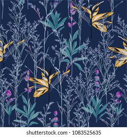 Meadow flowers vector seamless beautiful bright botanical pattern with exotic forest. Colorful original stylish floral background print, bright rainbow colors on dark blue.