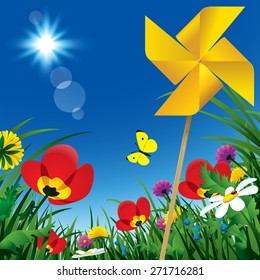 Meadow flowers and windmill propeller under the summer blue sky. Season natural background. Vector illustration