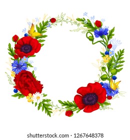 Meadow flowers wreath: poppies, cornflowers, forget me nots and berries.  Floral frame for greeting cards or invitations design, template. Isolated vector illustration.