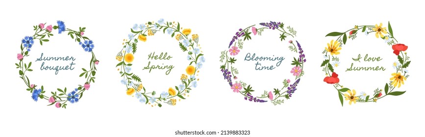 Meadow flowers wreaths. Wild herbs round frames with summer and spring texts, beautiful botanical decor, inscription design, poppies, dandelions and sunflowers vector isolated herbal set