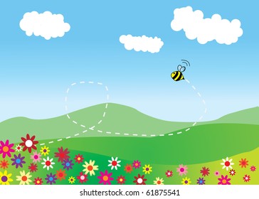 Meadow with flying bee and mountains on background