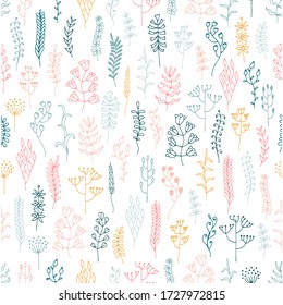 La pradera y la hierba de los bosques dibujaron a mano un patrón sin costuras. Fondo natural de verano de hierbas, flores, hojas, tallos. Limpieza con diferentes plantas. Diseño gráfico botánico floral. Ilustración vectorial.