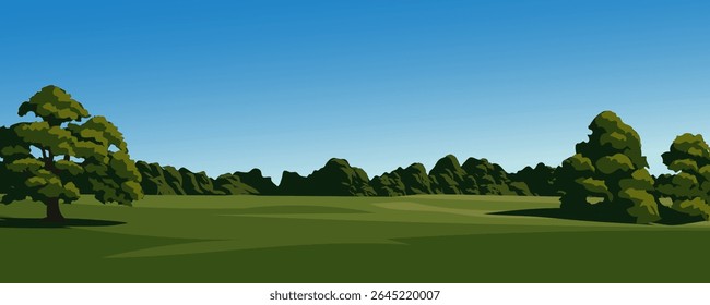 Meadow and forest landscape with clear sky in the background