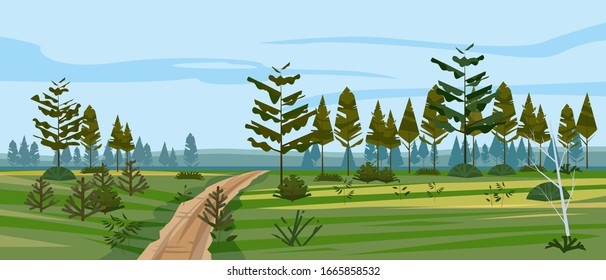 Meadow and forest landscape nature, spruce pine trees, grass and bushes. Panorama scenery lonely path road. Vector illustration banner poster template trendy style