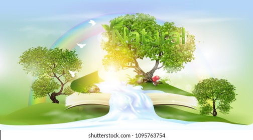 Meadow and forest, nature landscape, vector background