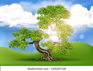 Meadow and forest, nature landscape, vector background