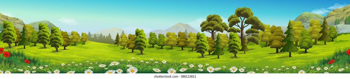 Meadow and forest, nature landscape, vector background