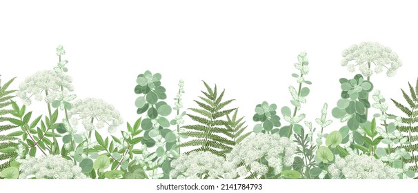 pradera con plantas forestales y flores, ilustraciones panorámicas sin fisuras vectoriales.