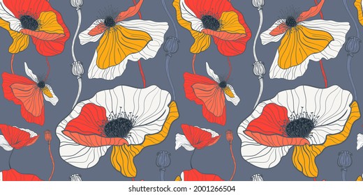 Meadow fpr summer wild flowers. Seamless pattern with white and red poppies on dark gray background