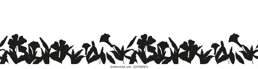 Meadow geranium. Silhouettes of flowers and leaves. Seamless horizontal border. Frame template.