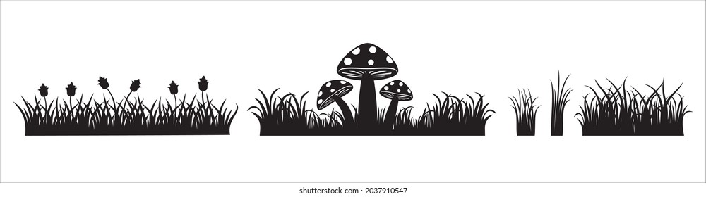 Meadow gerbera flower vector set. Green grass daisy flower vector silhouette. Grass land with mushroom vector illustration.
