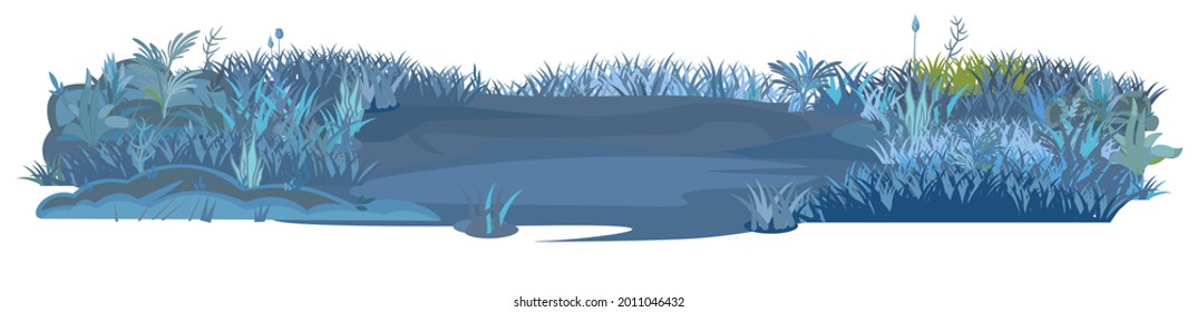 Meadow glade in the evening. Dark thickets at night. Grass area. Beautiful and graceful landscape. Isolated on white background. Flat style. Cartoon design. Vector