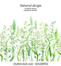 Meadow grass background in green color. Green grass silhouettes on white seamless border. 