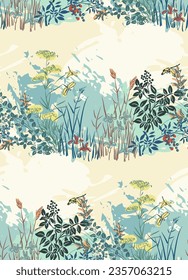 meadow grass flowers japanese chinese traditional vector illustration card background seamless pattern colorful watercolor ink textured