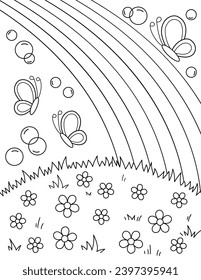 Meadow with grass, flowers, rainbow and butterflies. Background. Coloring book Black and white vector illustration.