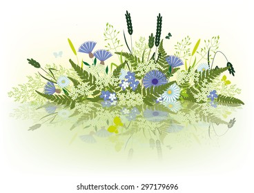 Meadow grass and flowers reflected in the water