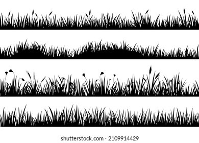 Meadow grass with flowers and spikelets, black silhouettes dividers. Grassland field with tufts. Lawn grass horizontal borders vector set. Springtime floral elements with stems and blossom