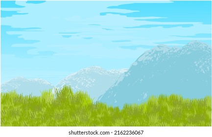 meadow grass, grassy field with mountain and summer sky background
