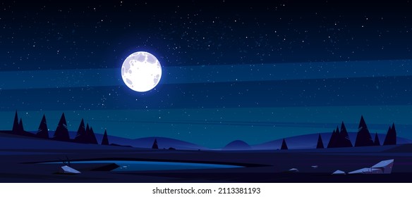 Meadow with grass, pond, conifers and hills on horizon at night. Vector illustration of summer landscape of field or pasture with plants, lake, full moon and stars in dark sky