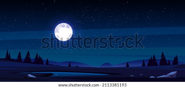 Meadow with grass,\
pond, conifers and hills on horizon at night. Vector illustration\
of summer landscape of field or pasture with plants, lake, full\
moon and stars in dark\
sky