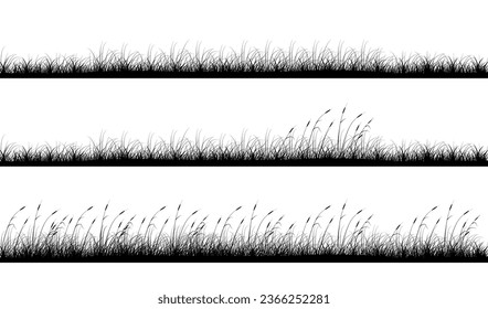 Meadow grass and reeds panoramic backgrounds design set. Vector illustrations with empty copy space for text. Editable shapes for poster decoration. Creative and customizable panorama images bundle