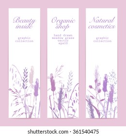 Meadow grass silhouettes illustration in purple and lilac. Vector design template set. Beauty product and organic cosmetics banners.