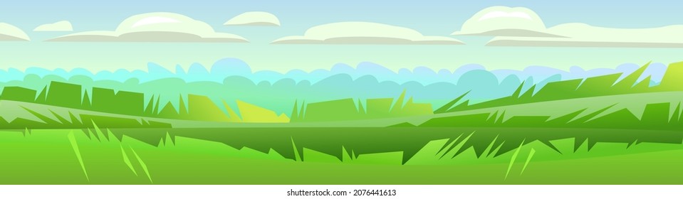 Meadow grass and trees on horizon. Rural landscape. Horizontal village nature illustration. Cute country view. Flat style. Vector