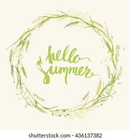 Meadow grass wreath with hello summer lettering in green color